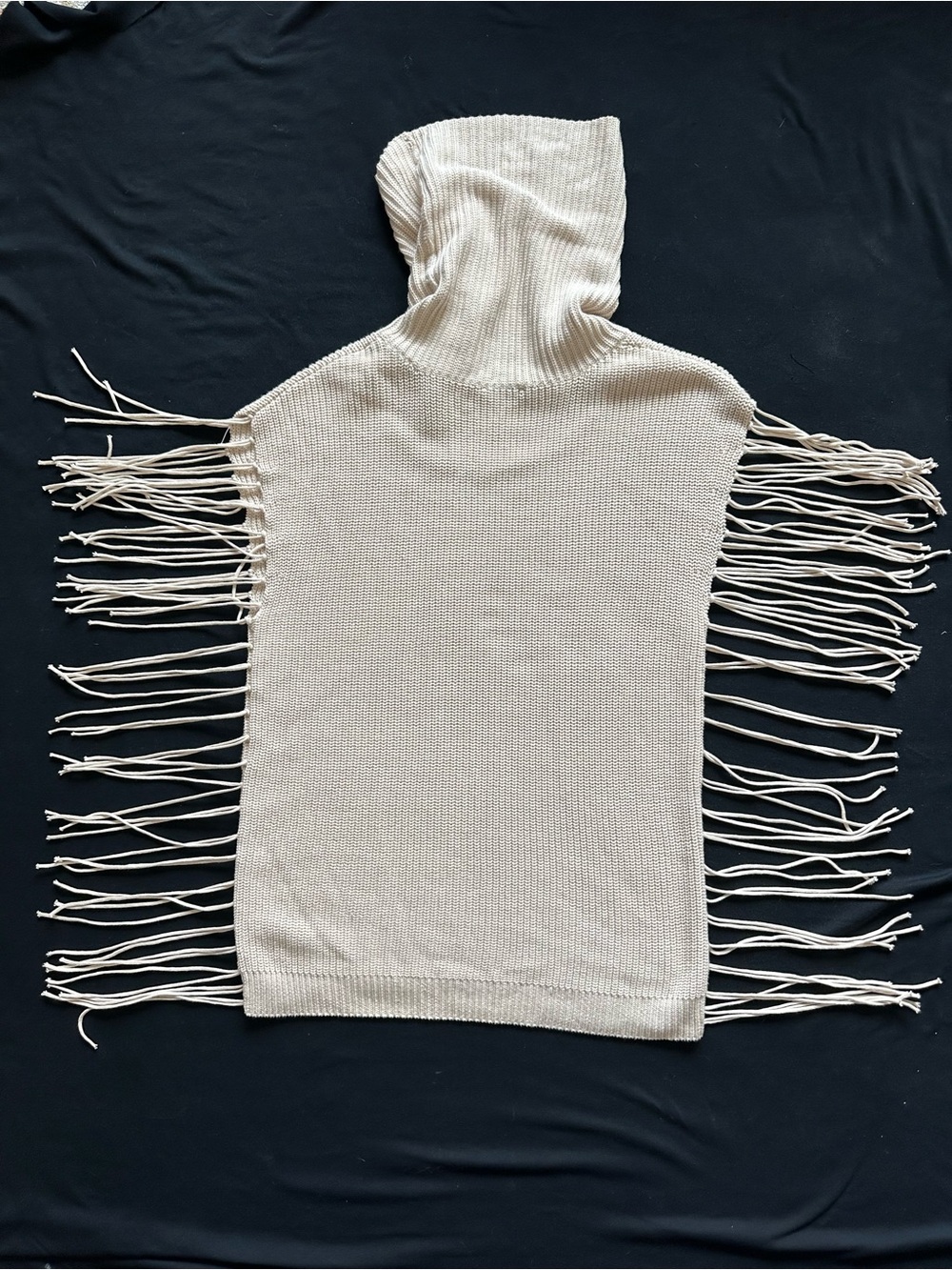 Acrobat Cream Cowl Neck Side Fringe Cotton sweater vest Knit Poncho M-L
